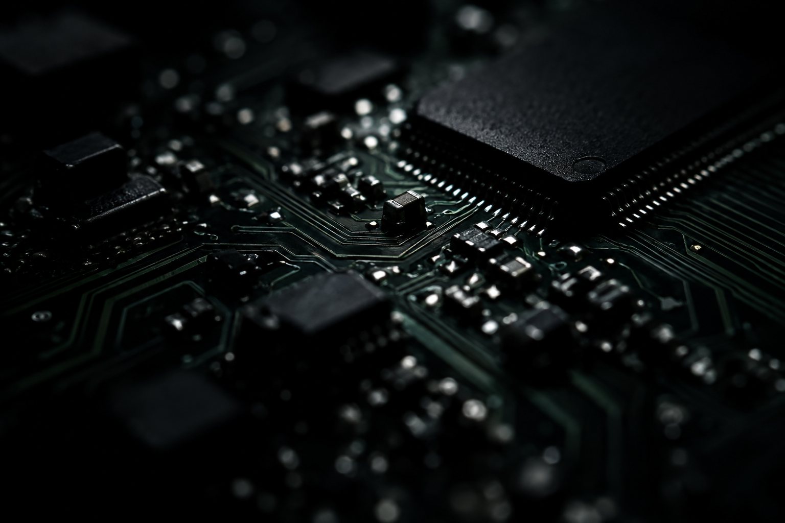 Macro detail of a circuit board, lit in near darkness
