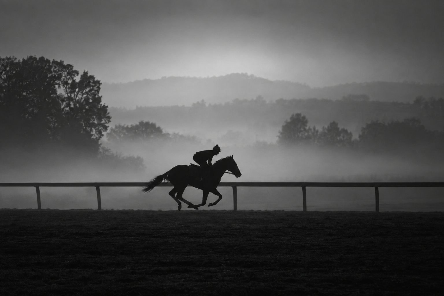 A racehorse and rider on a misty training gallop at dawn